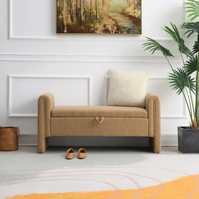 Banc moderne en tissu teddy avec accoudoirs et rangement, grand repose-pieds rembourré, banc confortable pour fenêtre ou coiffeuse
