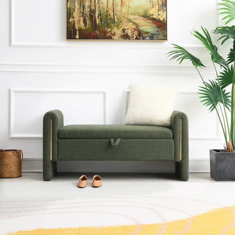 Banc moderne en tissu teddy avec accoudoirs et rangement, grand repose-pieds rembourré, banc confortable pour fenêtre ou coiffeuse