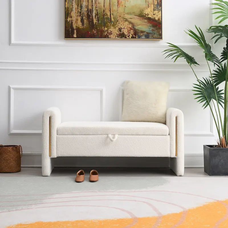 Banc moderne en tissu teddy avec accoudoirs et rangement, grand repose-pieds rembourré, banc confortable pour fenêtre ou coiffeuse