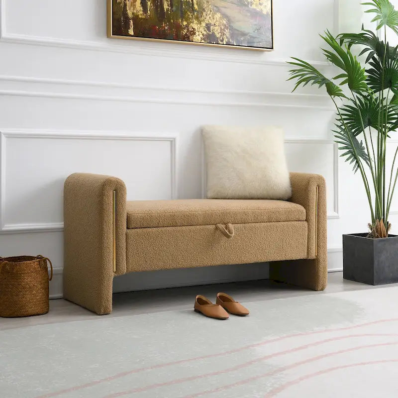 Banc moderne en tissu teddy avec accoudoirs et rangement, grand repose-pieds rembourré, banc confortable pour fenêtre ou coiffeuse