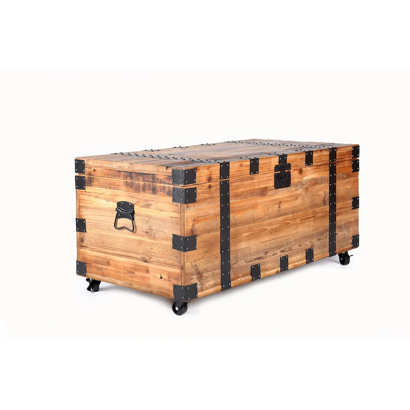 Mesa de centro tipo baúl con cuatro ruedas y gran capacidad de almacenamiento, madera recuperada natural/metal negro