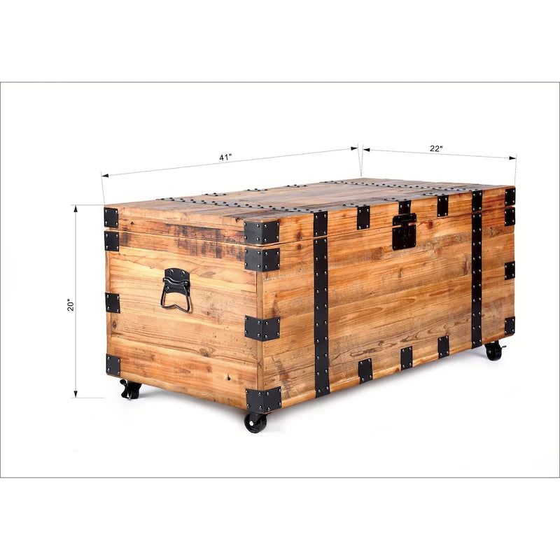 Mesa de centro tipo baúl con cuatro ruedas y gran capacidad de almacenamiento, madera recuperada natural/metal negro