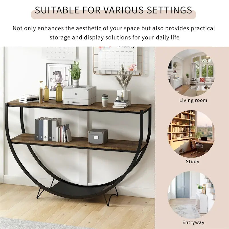 Mesa consola de metal texturizado y madera envejecida de estilo rústico con forma de media luna