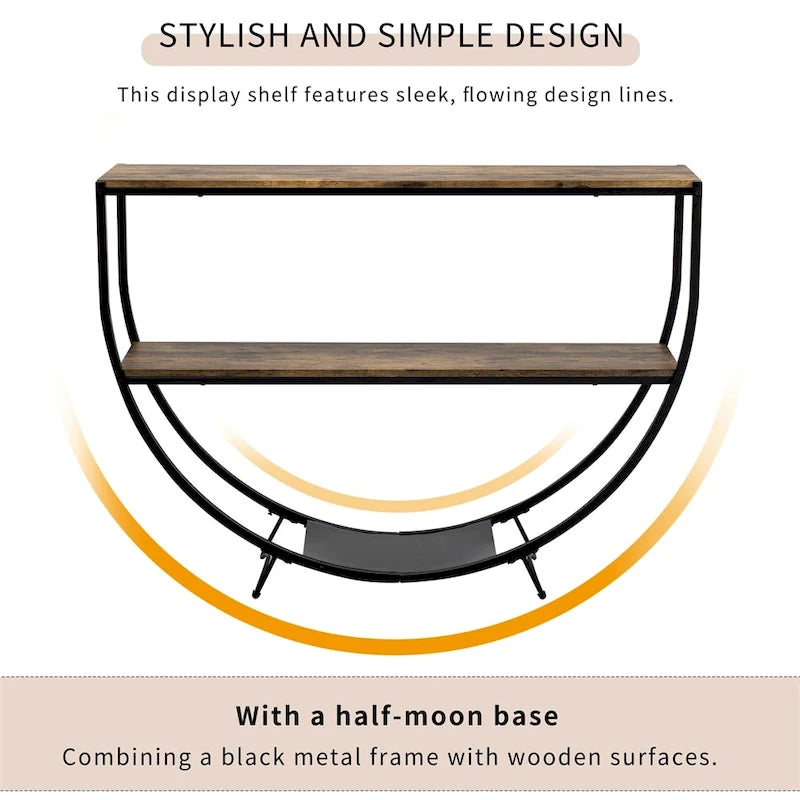 Rustikaler Konsolentisch in Halbmondform aus strukturiertem Metall und verwittertem Holz