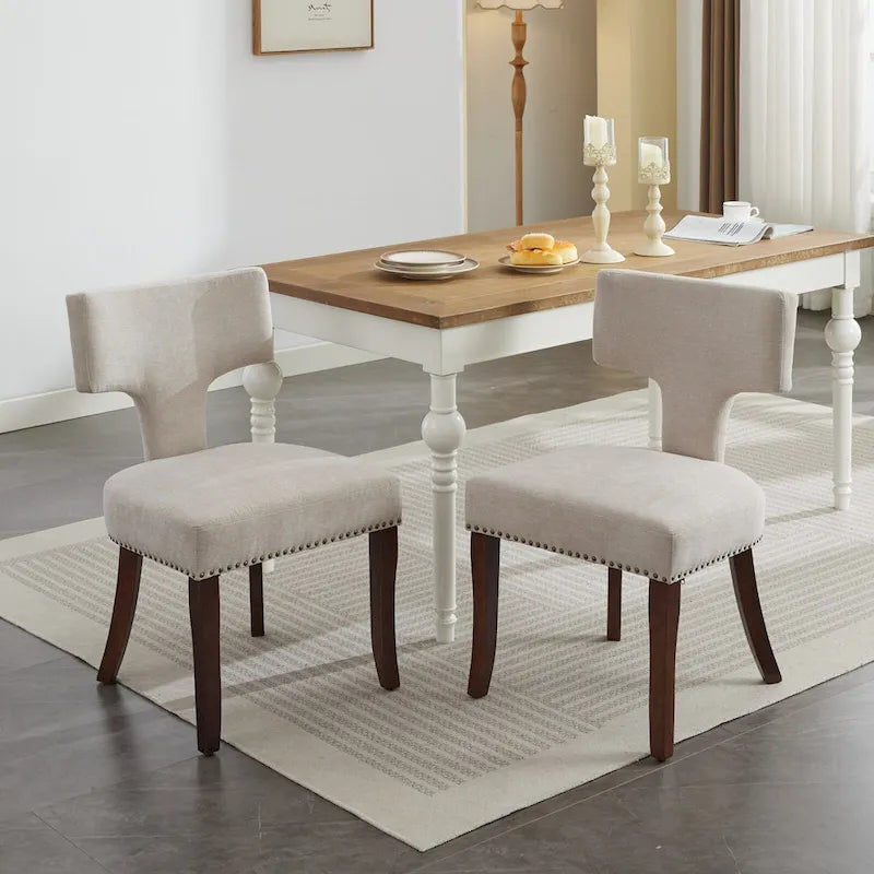 Moderne Esszimmerstühle im 2er-Set, gepolsterter Akzentstuhl aus Leinenstoff mit geschwungener Rückenlehne, Küchenstühle mit Gestell aus Gummibaumholz