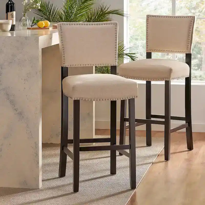 Thekenhocker im 2er-Set, Kücheninselstuhl mit Holzbeinen, gepolsterter, armlehnenloser Esszimmerstuhl mit Rückenlehne