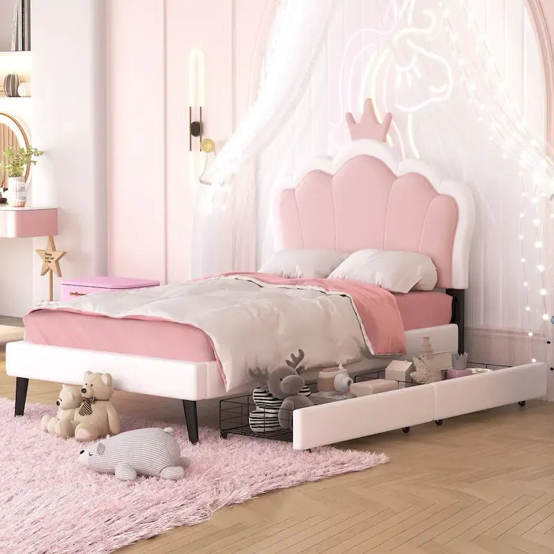 Lit de princesse rembourré avec tête de lit couronnée et tiroirs