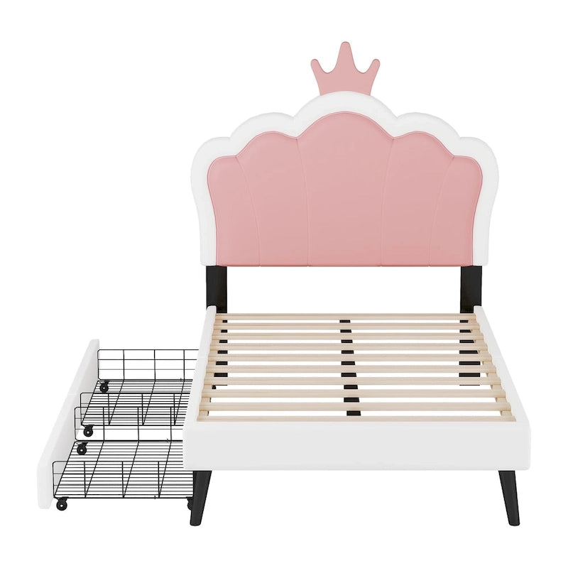 Lit de princesse rembourré avec tête de lit couronnée et tiroirs