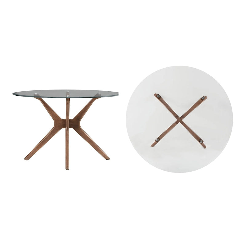 Mesa de comedor redonda de estilo moderno de mediados de siglo con acabado de nogal