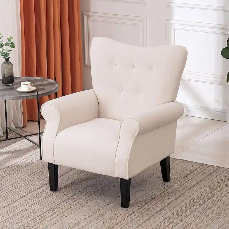 Fauteuil d’appoint moderne à dossier haut avec accoudoirs, canapé une place rembourré en tissu et capitonné à boutons, avec pieds en bois pour le salon