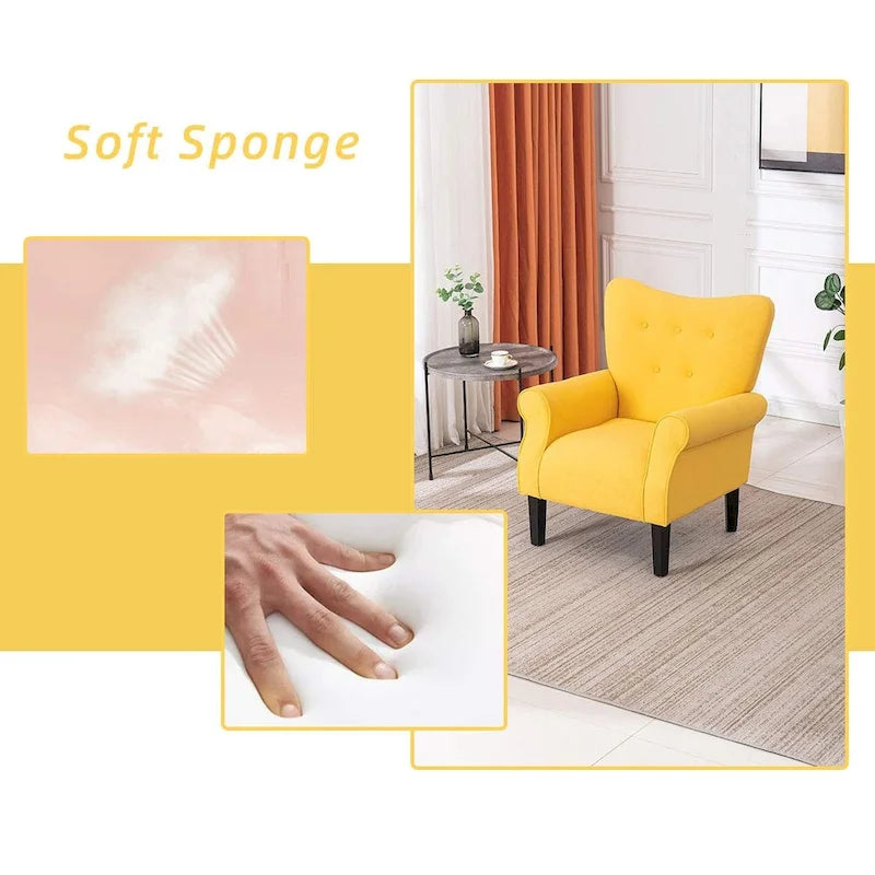 Moderner Akzentsessel mit hoher Rückenlehne und Armlehnen, gepolsterter Einzelsessel aus Stoff mit Knopfheftung und Holzbeinen für das Wohnzimmer