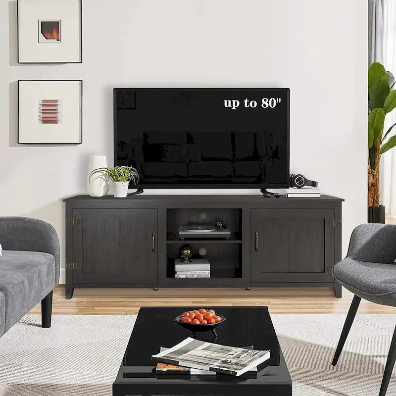 70 Zoll moderner TV-Schrank mit Regalen, Mediencenter mit Türen-Schwarz