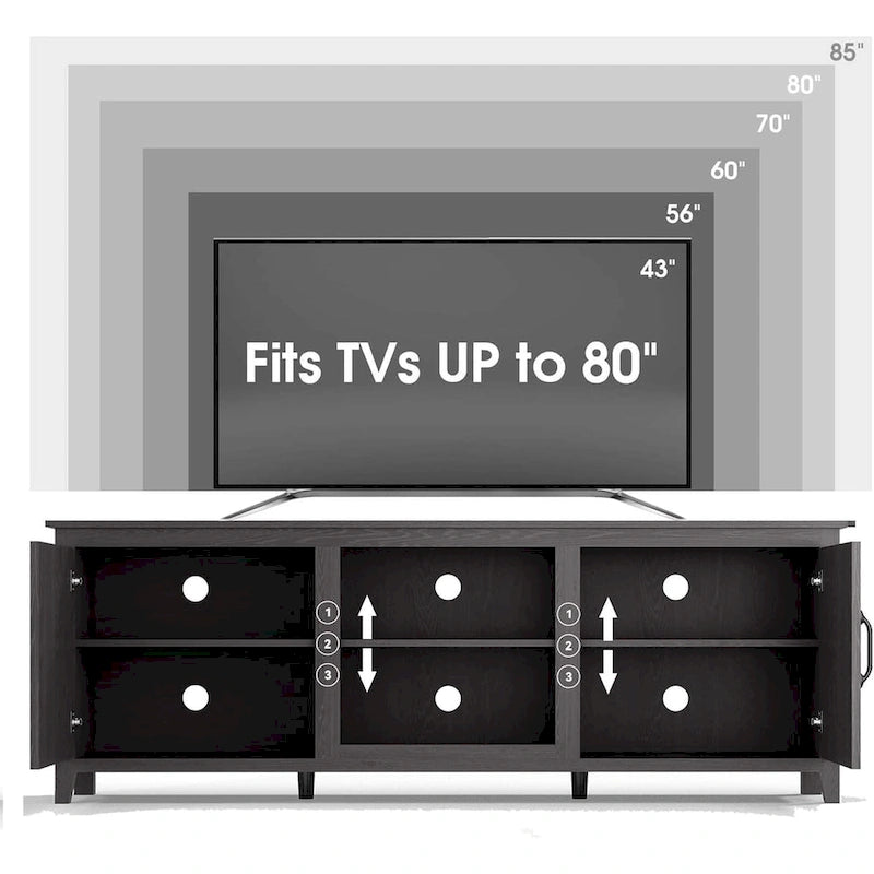 70 Zoll moderner TV-Schrank mit Regalen, Mediencenter mit Türen-Schwarz