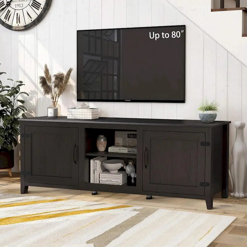 70 Zoll moderner TV-Schrank mit Regalen, Mediencenter mit Türen-Schwarz