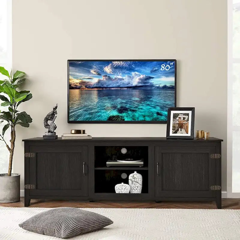 70 Zoll moderner TV-Schrank mit Regalen, Mediencenter mit Türen-Schwarz