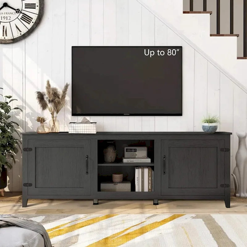 70 Zoll moderner TV-Schrank mit Regalen, Mediencenter mit Türen-Schwarz