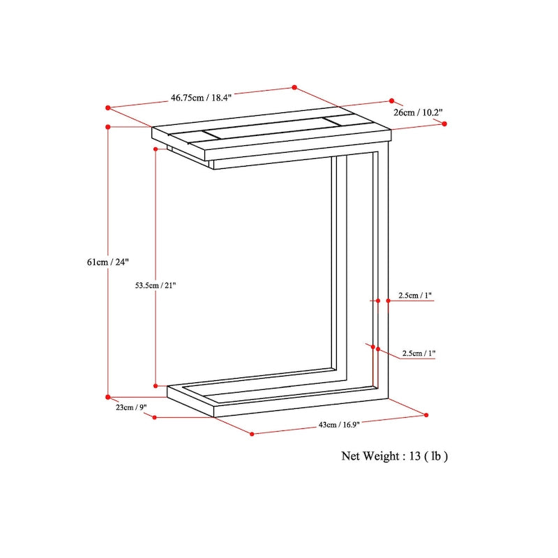 18 Zoll breiter C-Beistelltisch aus massivem Metall im Industrial-Stil - 18 W x 10 D x 24 H