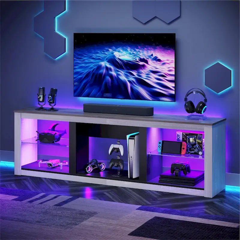 TV-Ständer für 70-Zoll-LED-Fernseher mit Ablagen aus gehärtetem Glas und offenem Schrank - 71 in