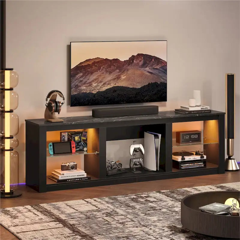 TV-Ständer für 70-Zoll-LED-Fernseher mit Ablagen aus gehärtetem Glas und offenem Schrank - 71 in