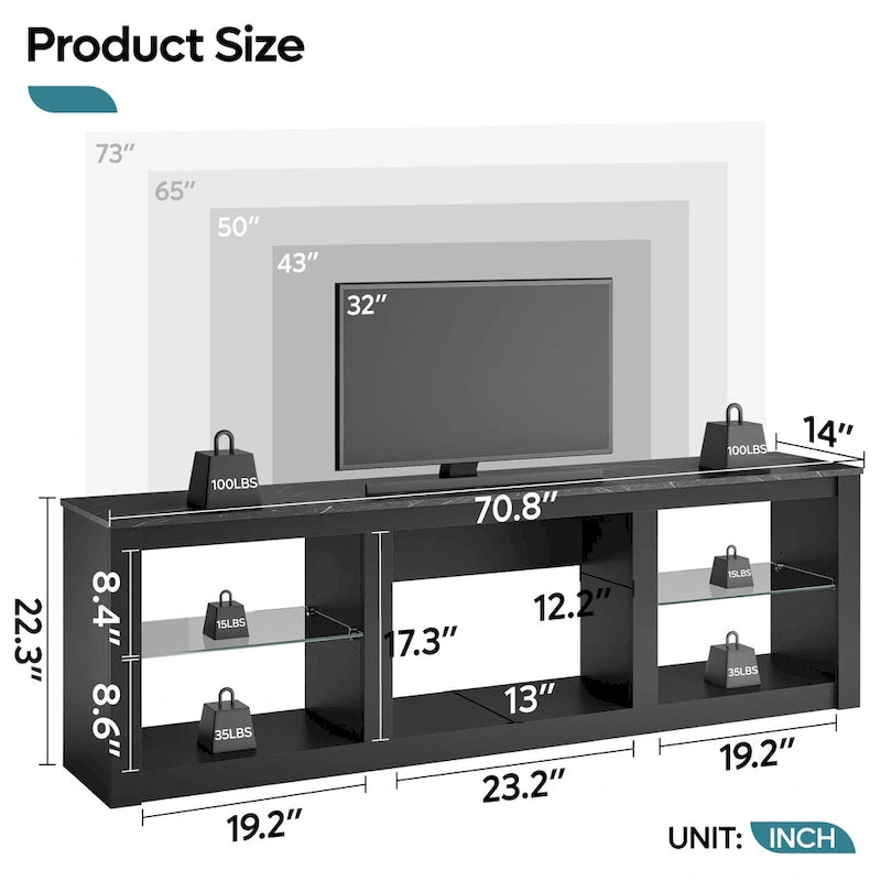 TV-Ständer für 70-Zoll-LED-Fernseher mit Ablagen aus gehärtetem Glas und offenem Schrank - 71 in