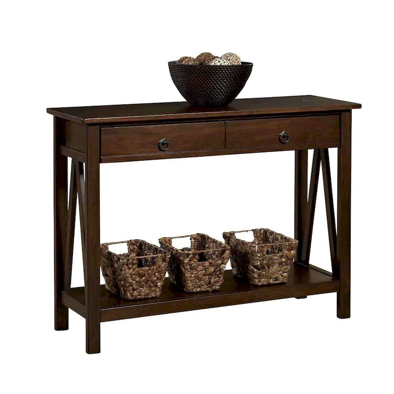 Consola de 2 cajones, mesa para sofá y estante de almacenamiento para sala de estar, color marrón tabaco - 14 x 42 x 30.7 pulgadas