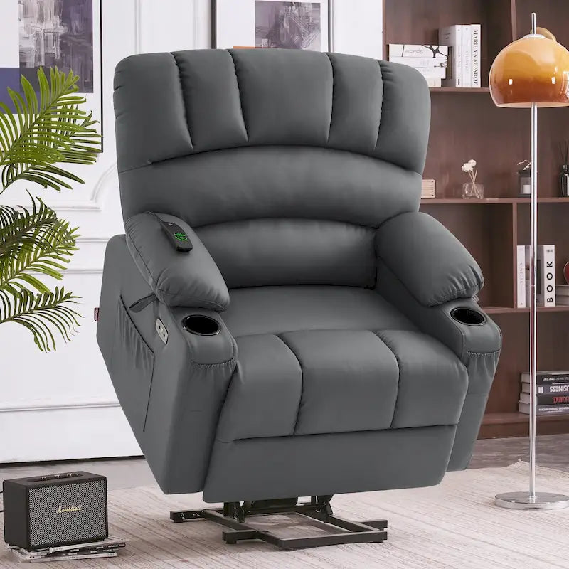 Sillón reclinable elevable con masaje y calor, cuero sintético R7096 (mediano-ancho)