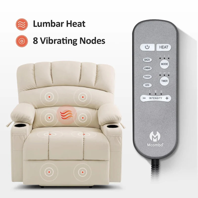 Sillón reclinable elevable con masaje y calor, cuero sintético R7096 (mediano-ancho)