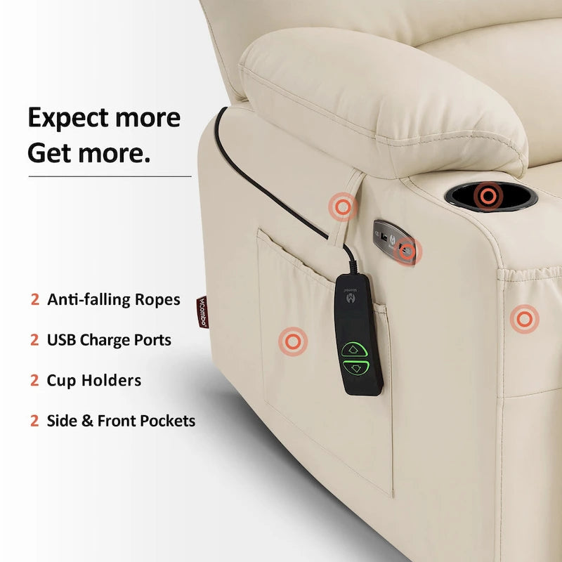 Sillón reclinable elevable con masaje y calor, cuero sintético R7096 (mediano-ancho)