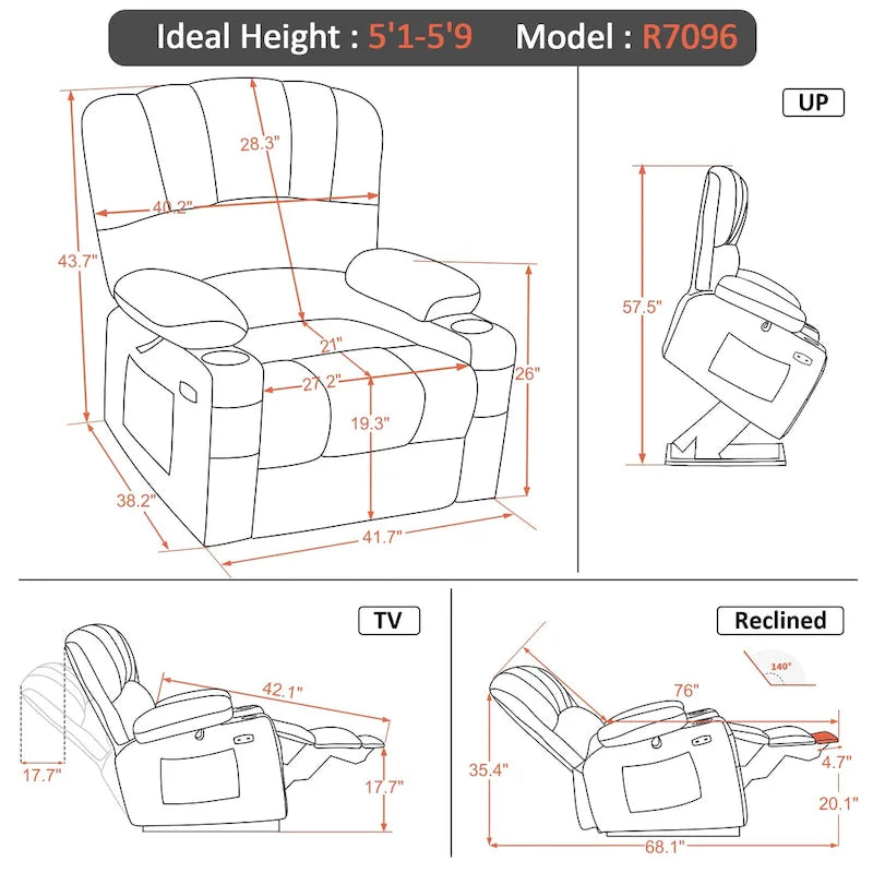 Sillón reclinable elevable con masaje y calor, cuero sintético R7096 (mediano-ancho)