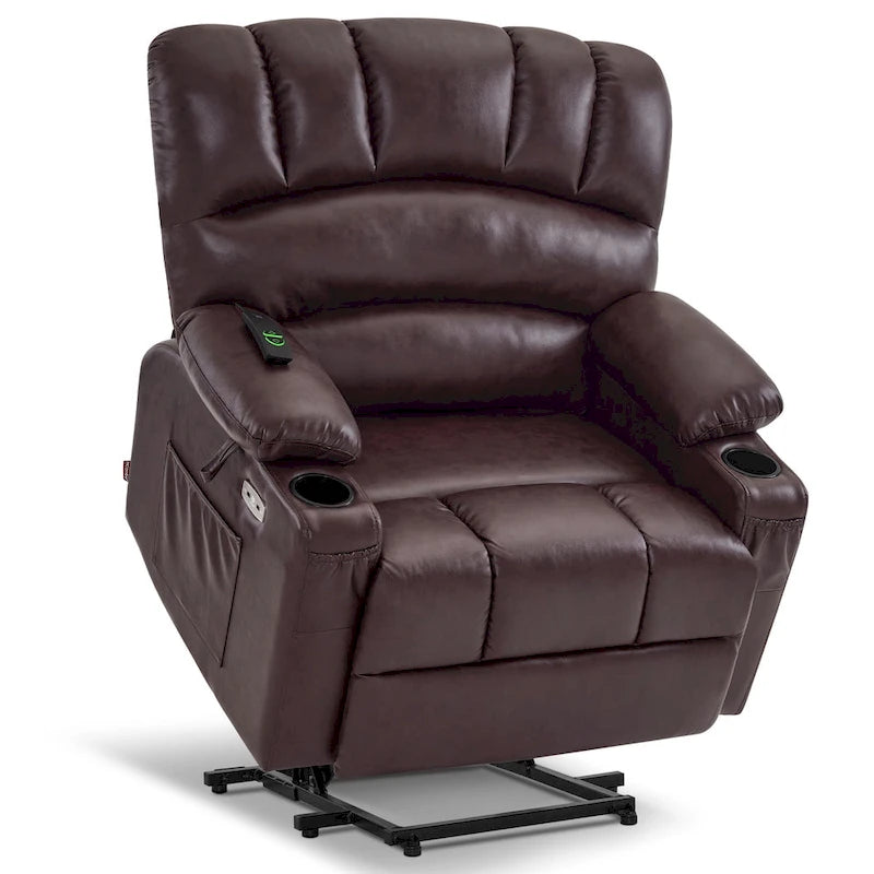 Sillón reclinable elevable con masaje y calor, cuero sintético R7096 (mediano-ancho)