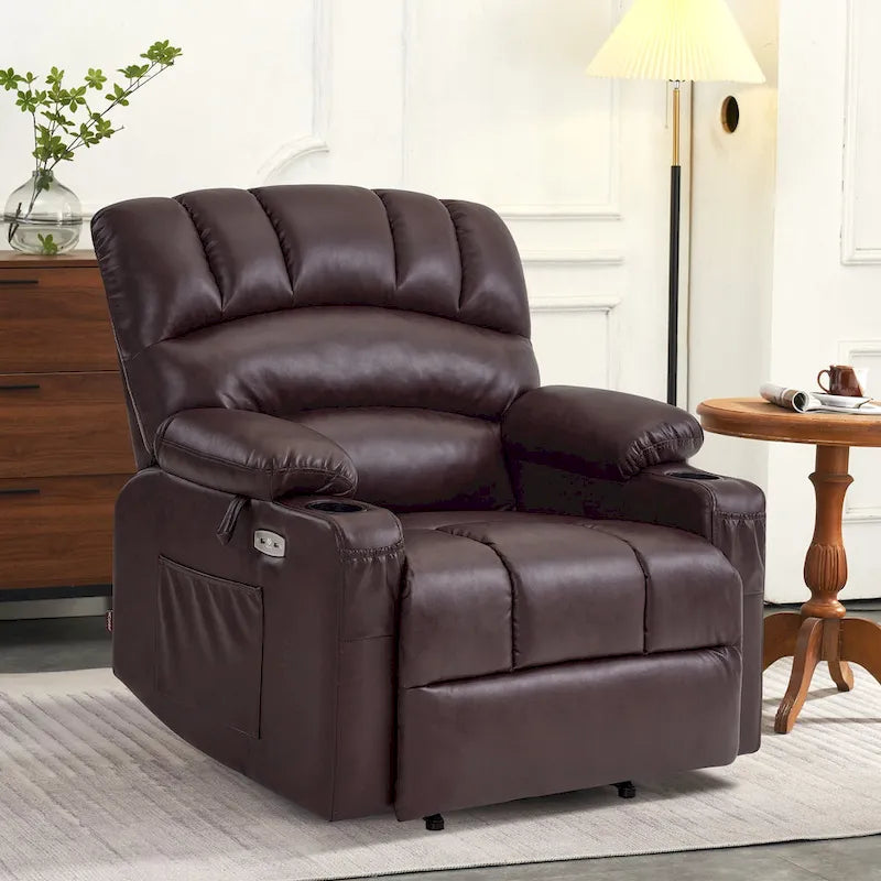Sillón reclinable elevable con masaje y calor, cuero sintético R7096 (mediano-ancho)