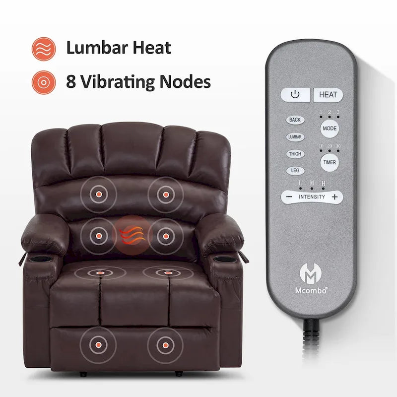 Sillón reclinable elevable con masaje y calor, cuero sintético R7096 (mediano-ancho)