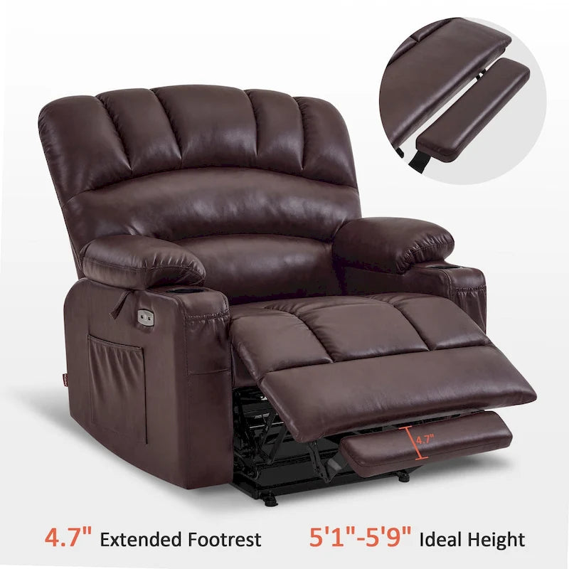 Sillón reclinable elevable con masaje y calor, cuero sintético R7096 (mediano-ancho)