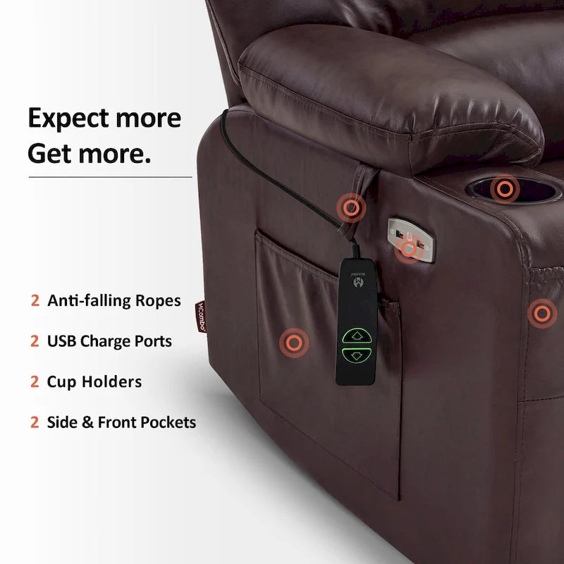 Sillón reclinable elevable con masaje y calor, cuero sintético R7096 (mediano-ancho)