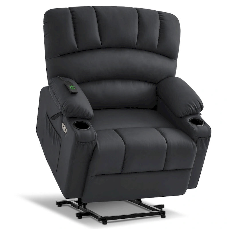Sillón reclinable elevable con masaje y calor, cuero sintético R7096 (mediano-ancho)