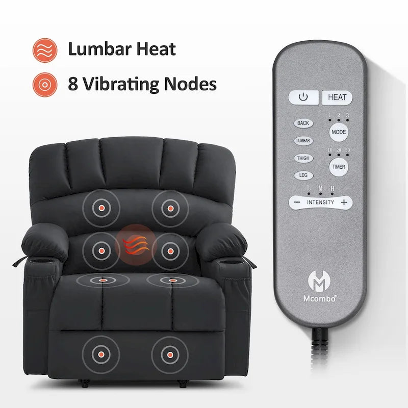 Sillón reclinable elevable con masaje y calor, cuero sintético R7096 (mediano-ancho)