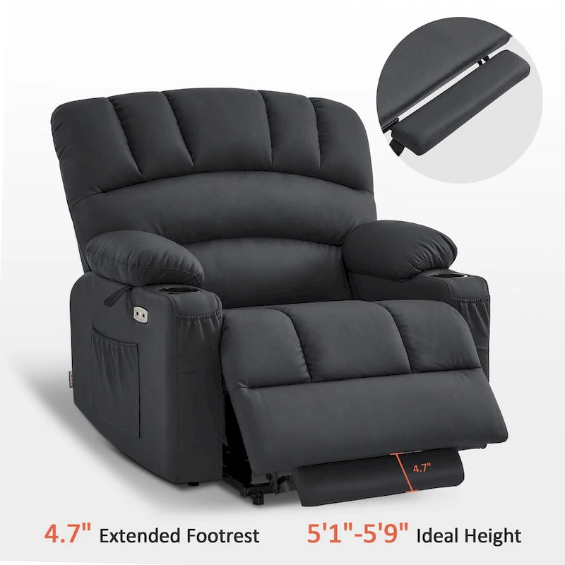 Sillón reclinable elevable con masaje y calor, cuero sintético R7096 (mediano-ancho)