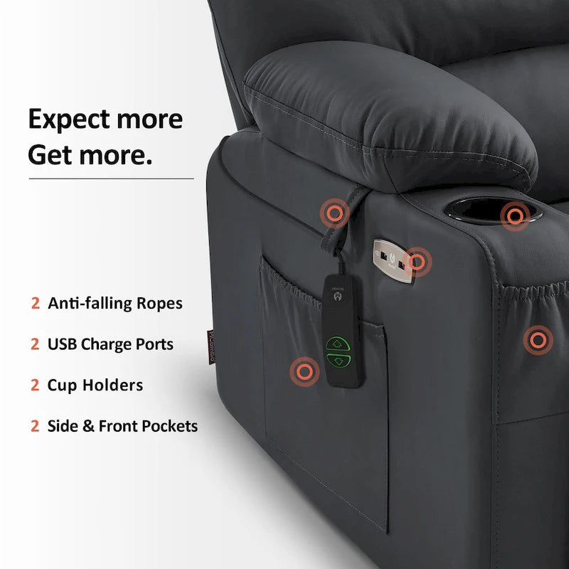 Sillón reclinable elevable con masaje y calor, cuero sintético R7096 (mediano-ancho)