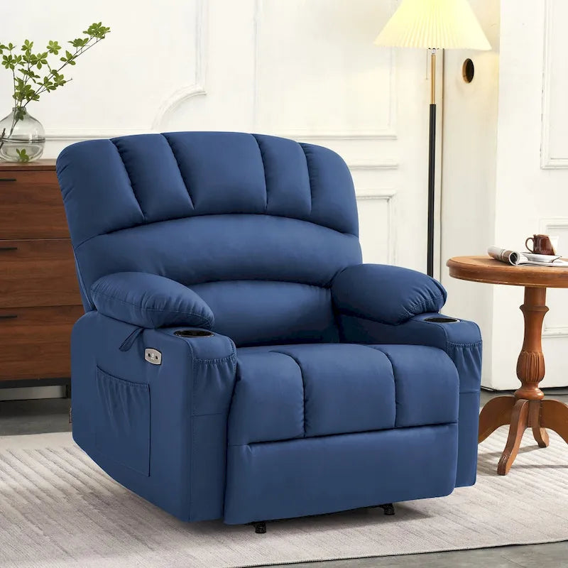 Sillón reclinable elevable con masaje y calor, cuero sintético R7096 (mediano-ancho)