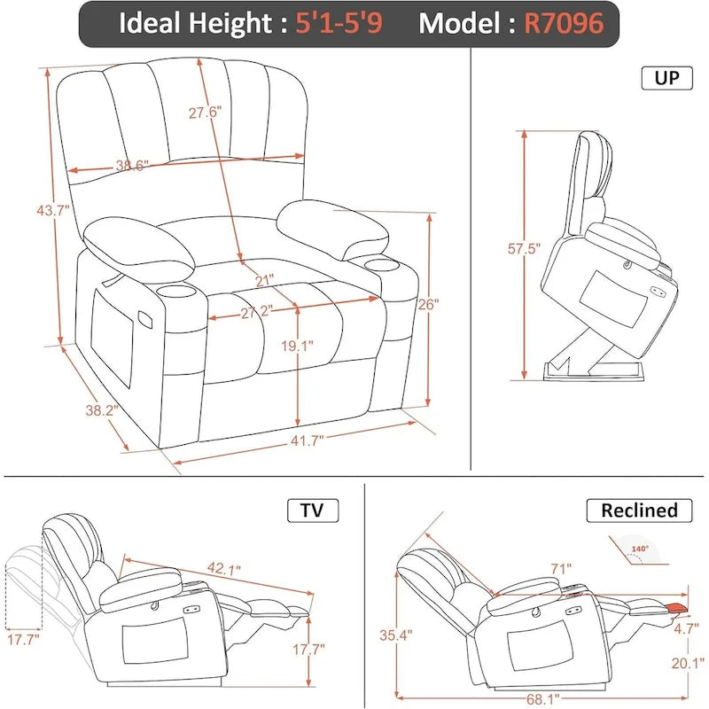 Sillón reclinable elevable con masaje y calor, cuero sintético R7096 (mediano-ancho)
