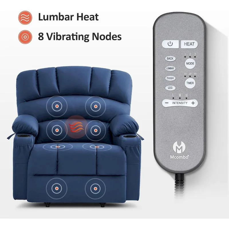 Sillón reclinable elevable con masaje y calor, cuero sintético R7096 (mediano-ancho)