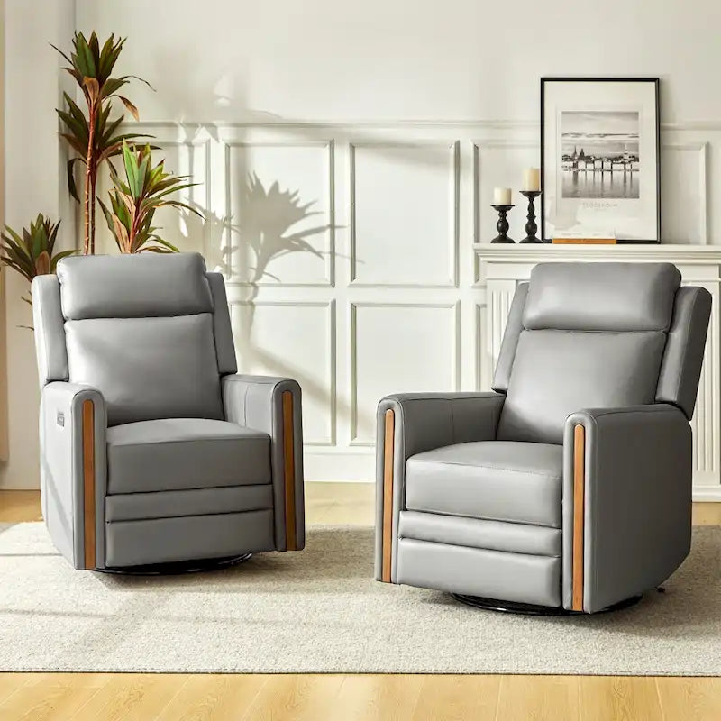 Lot de 2 fauteuils inclinables électriques pivotants et berçants modernes en cuir véritable, avec appuie-tête et repose-pieds réglables