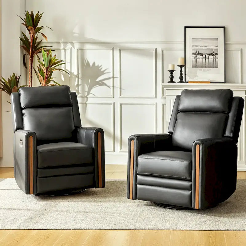 Lot de 2 fauteuils inclinables électriques pivotants et berçants modernes en cuir véritable, avec appuie-tête et repose-pieds réglables
