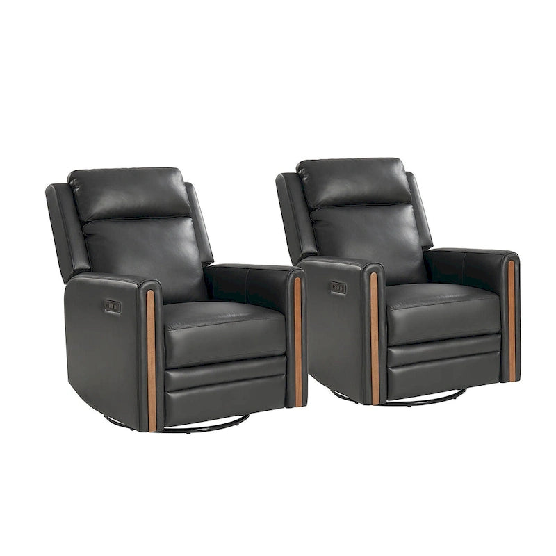 Lot de 2 fauteuils inclinables électriques pivotants et berçants modernes en cuir véritable, avec appuie-tête et repose-pieds réglables