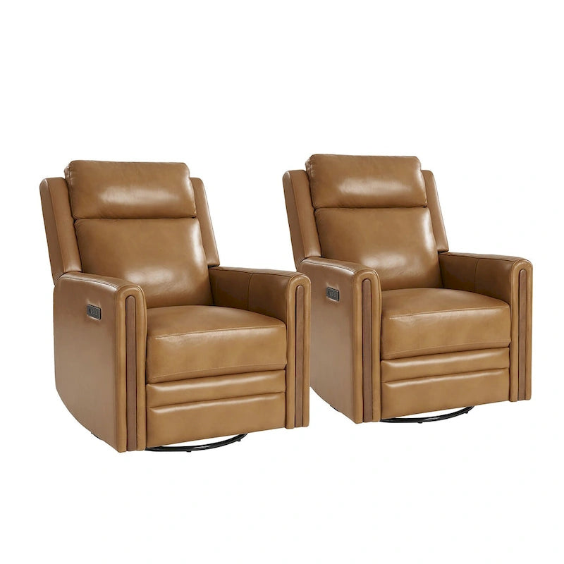 Moderner drehbarer Ledersessel mit elektrischer Schaukel- und Liegefunktion, verstellbarer Kopfstütze und Fußstütze, 2er-Set