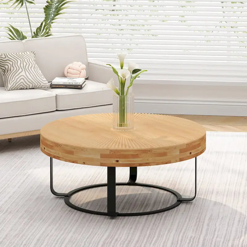 Moderner runder Couchtisch mit Holzschnitzmuster und Metallbeinen für Wohnzimmer, Empfangsbereich oder Büro, Schwarz
