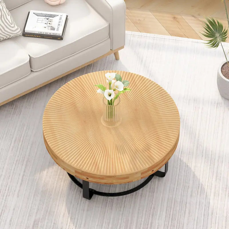 Moderner runder Couchtisch mit Holzschnitzmuster und Metallbeinen für Wohnzimmer, Empfangsbereich oder Büro, Schwarz
