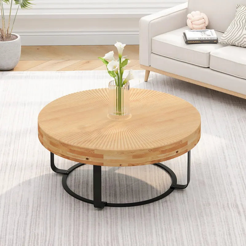 Mesa de centro redonda moderna de madera con diseño tallado y patas de metal, para sala de estar, recepción u oficina, negra