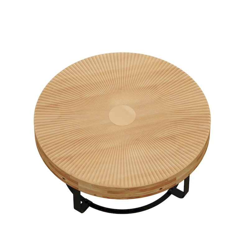 Moderner runder Couchtisch mit Holzschnitzmuster und Metallbeinen für Wohnzimmer, Empfangsbereich oder Büro, Schwarz