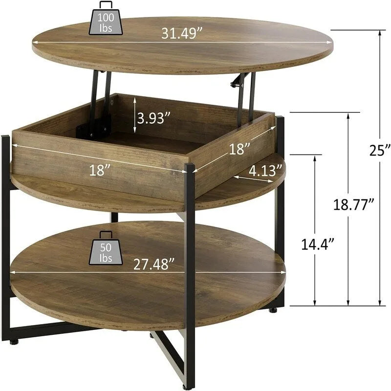 Runder Couchtisch aus Holz mit anhebbarem Oberteil - 31.5D x 31.5W x 17.35H